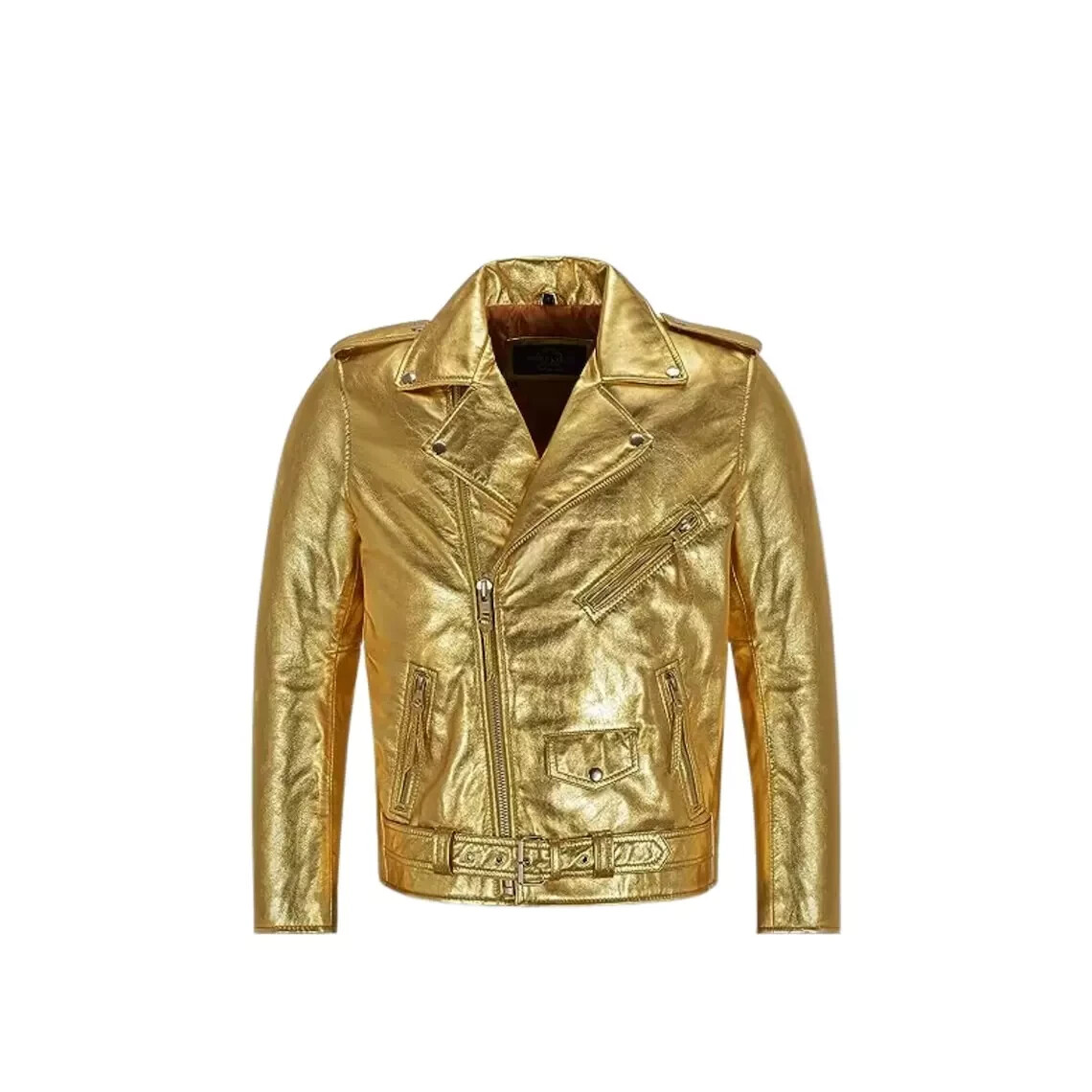 Chaqueta de cuero para hombre dorada metálica motociclista motocicleta estilo cinturón chaqueta abrigo