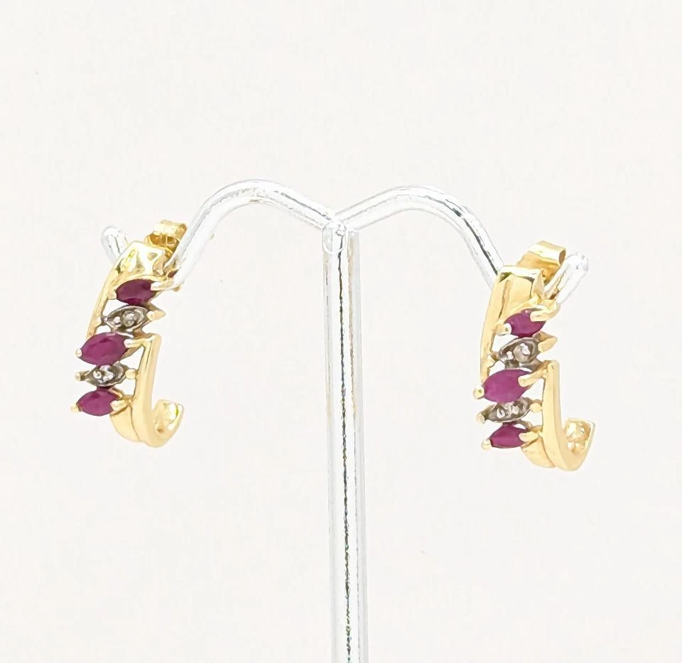 14K 2.9g Solid Yellow Gold Marquise Cut Ruby & Diamond Huggie Jacket Earrings - Image 3 of 4