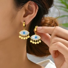 Religious Stainless Steel Evil Eye Huggie Earrings Sequin Tassel Drop Ear Buckle