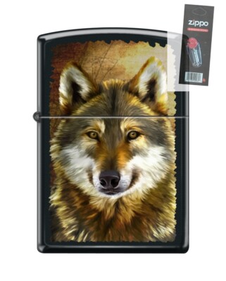 Zippo 82231 painting wolf head wild animal fur black matte Lighter + FLINT PACK