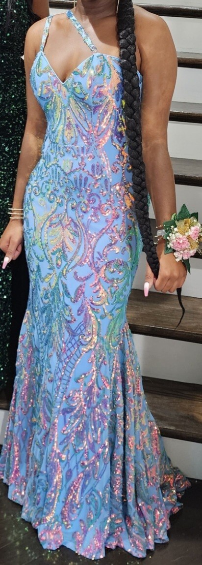 blue and pink sequin dress Jovani Sparkly & One Shoulder Cross Shoulder Mermaid Prom Size:28 Long Pink/Multicolor Sizes filter-size: 10 Anthro Maeve Galen Floral