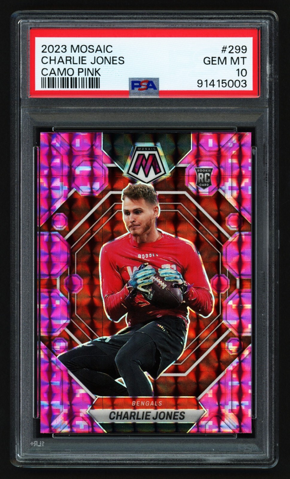 2023 MOSAIC CHARLIE JONES #299 CAMO PINK BENGALS ROOKIE RC POP 1 PSA 10 GEM MINT