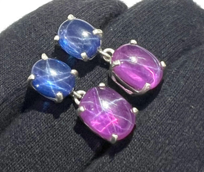 Natural Blue & Pink Star Sapphire Earrings 925 Siler Handmade Drop Earrings Gift