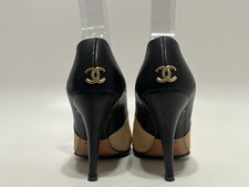 Vtg Chanel Beige Leather T Strap CC Logo Heels 36