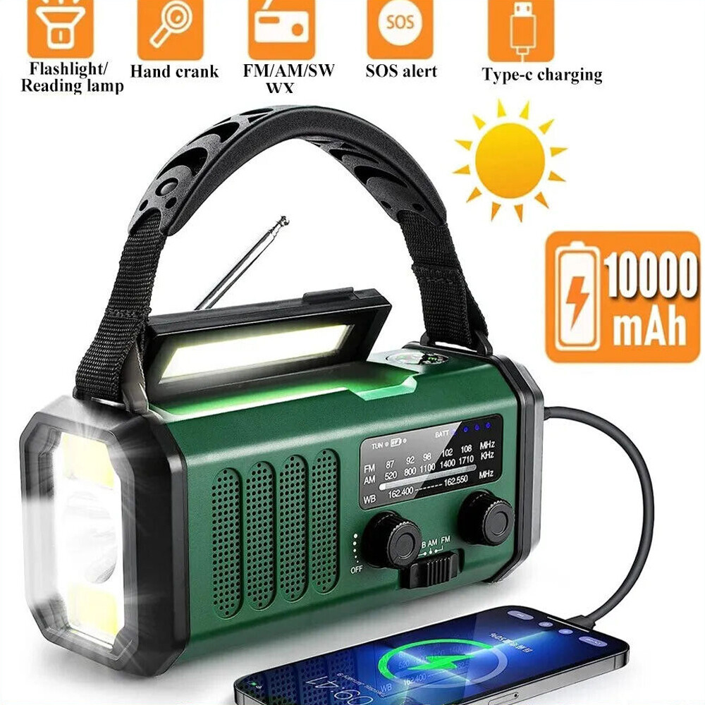 10000mah Emergency Solar Hand Crank Weather Radio Power Bank Charger FlashLight