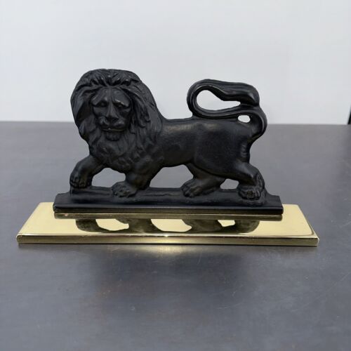 Antique Cast Iron Lion Door Stop 4.5lbs With Gold Tone Plate