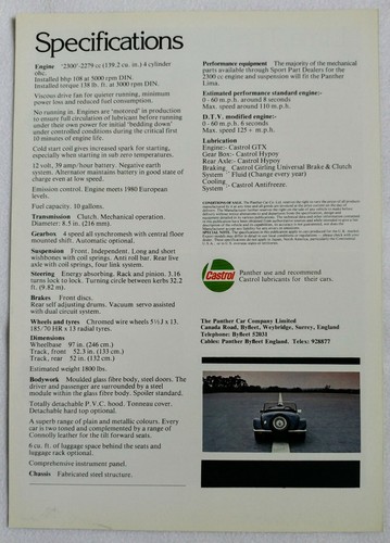 1979 Panther Lima Original Sales Brochure - Picture 2 of 3