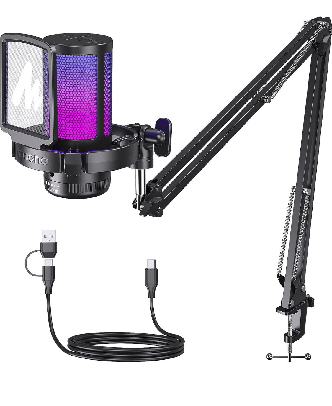 MAONO Gaming USB Microphone, Noise Cancellation Condenser mic with Mute, Gain