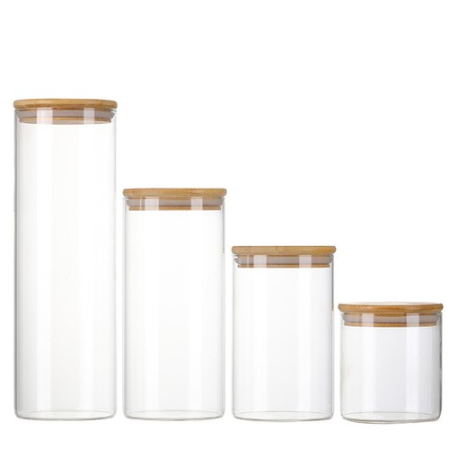 Airtight Set of 4 Glass Storage Jars With Bamboo Wood Lid Kitchen