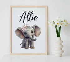 Girl Name Personalised Wall Decor Print Poster Elephant Floral Crown Nursery