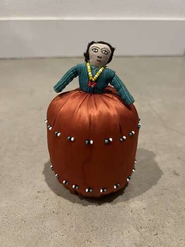Vintage Navajo Pin Cushion Doll Handmade Orange Satin Dress Seed Beads