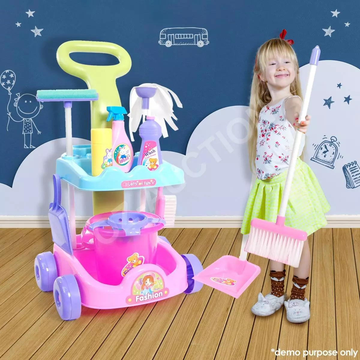 Kids Pretend Play Toy Cleaner Cleaning Trolley Set Broom Mop