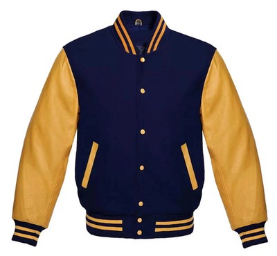 Varsity Letterman Navy wool Genuine Gold Leather Sleeves bomber college Jacket