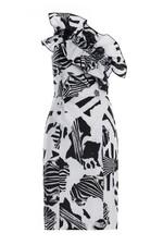 NEW $870 Genny Italy Black & White Tribal Print Dress w/ Ruffle - 48