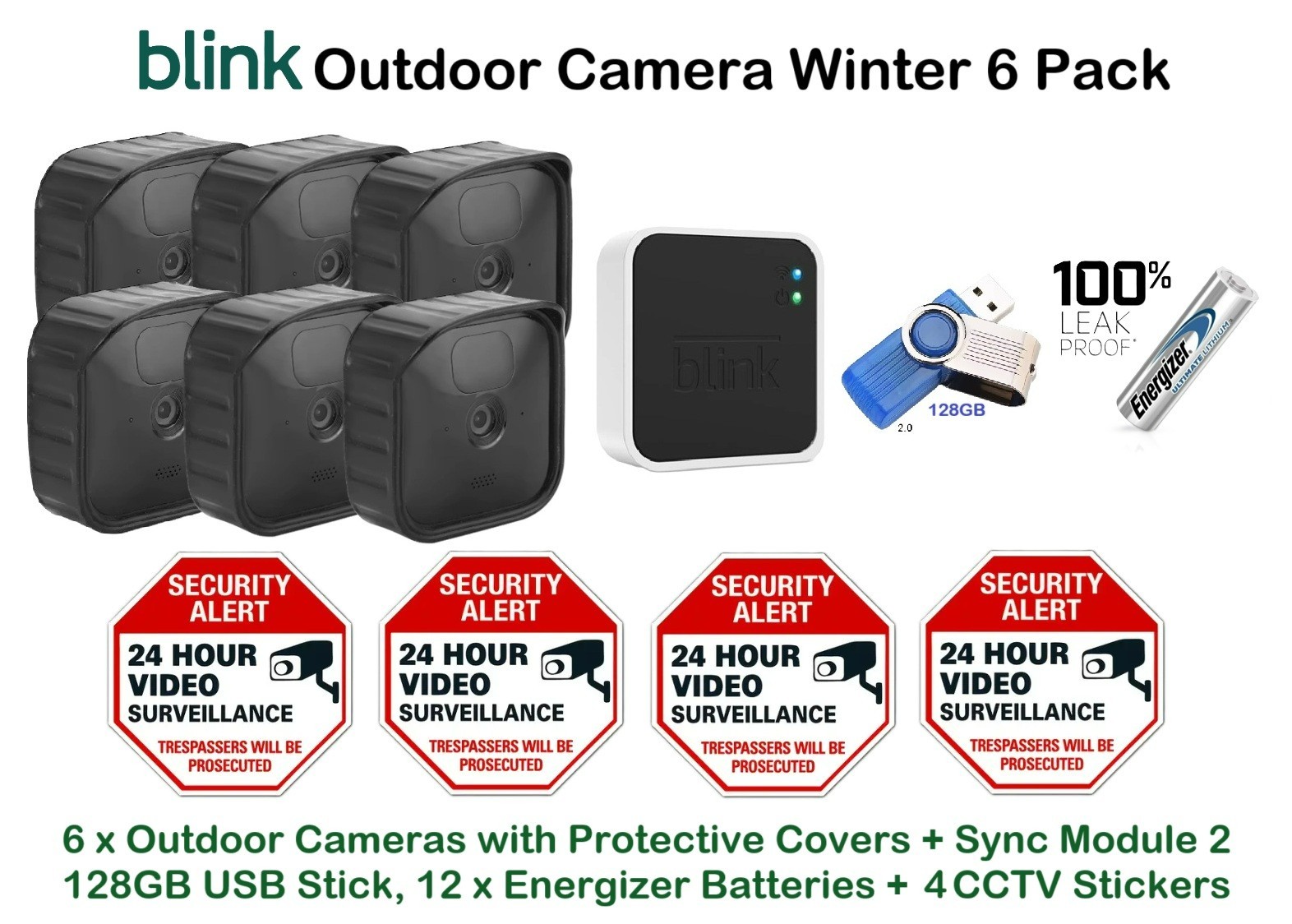 Blink Outdoor Camera Generation 3 - Winter 6 Pack: 128GB USB + 4 CCTV Stickers