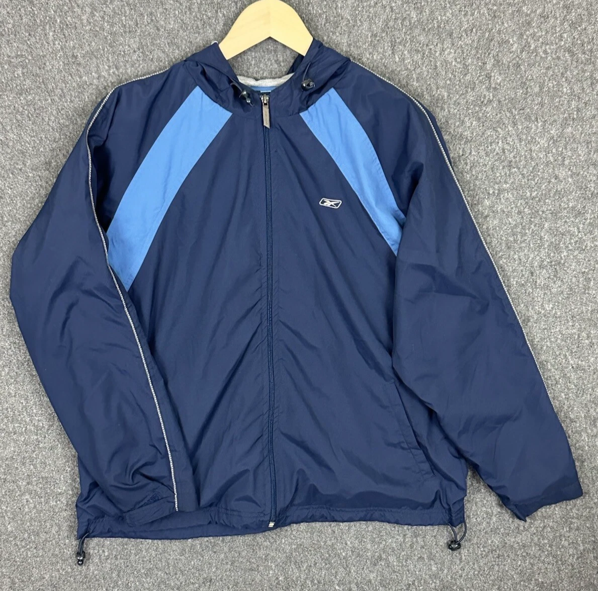 Reebok Mens Windbreaker Jacket XL Blue Zip Hooded Polyester Hook & Loop Cuffs