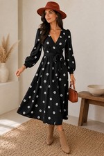 Kate Spade Black Floral Wrap Midi Dress Long Sleeve Belted Size 0