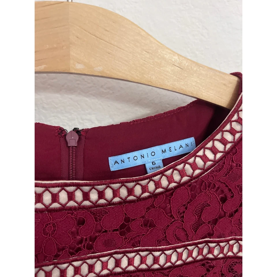 Vestido Antonio Melani Talla 6 Borgoña Encaje Funda Fiesta Cóctel Foto 3 de 4