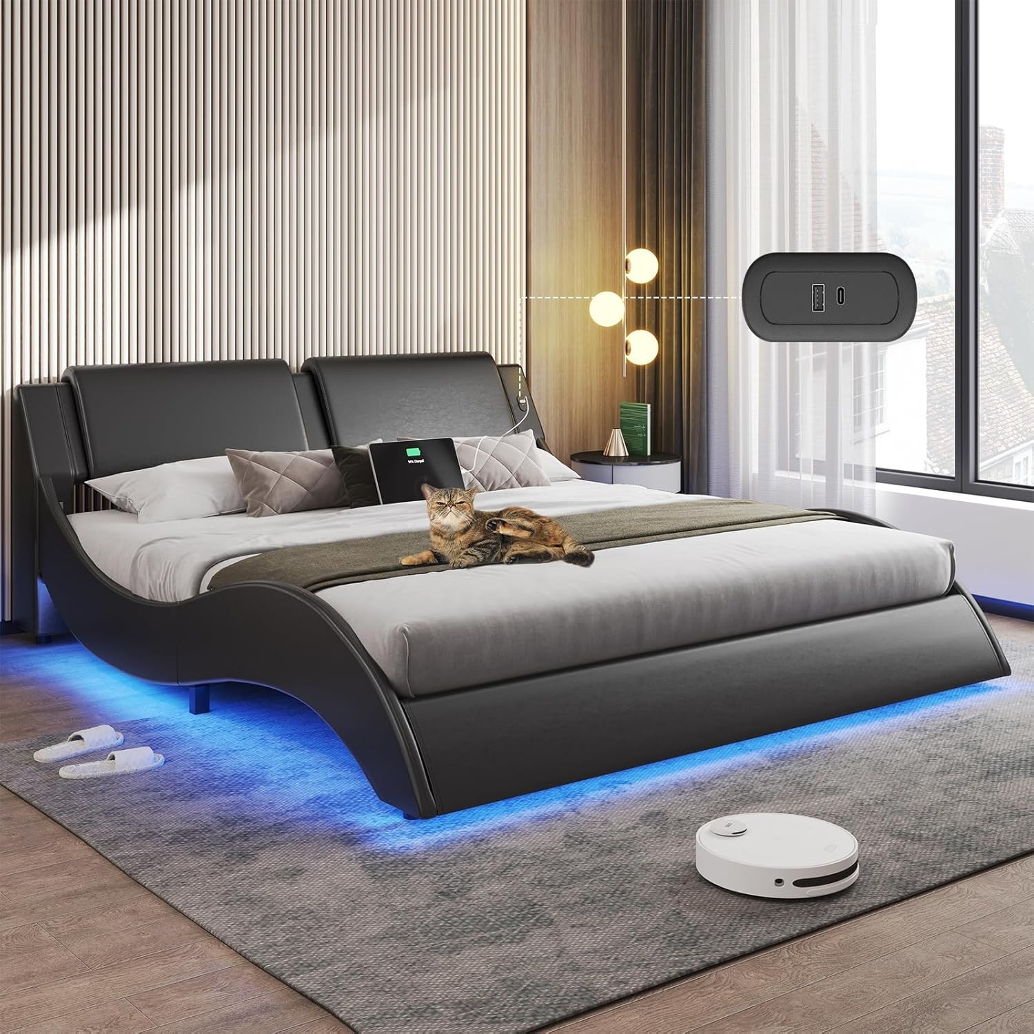 With Led Lights,charging Ports,faux Leather Upholstered Beds