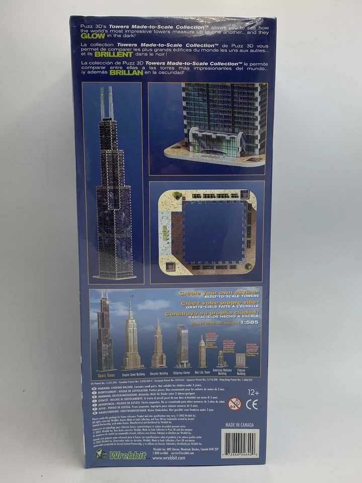 NEW Wrebbit Puzz 3D Puzzle SEARS TOWER Chicago, IL Glow In The Dark 3’ Tall 532. - Image 3 of 4