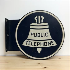 Vtg Metal Public Telephone Sign Bell System Double Sided Flange Bllue White