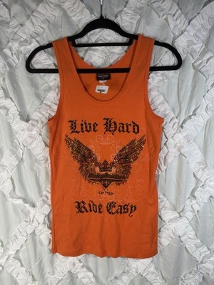 Harley-Davidson Las Vegas Cafe Tank Top Womens L Orange Rhinestone Wings Y2K USA