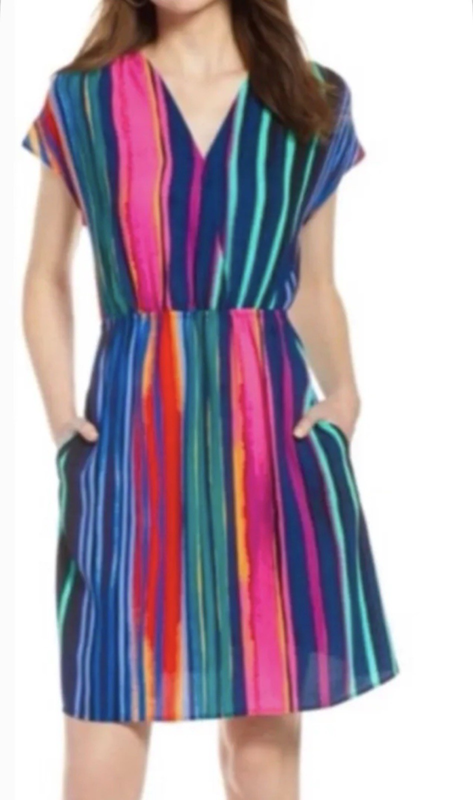 Halogen V-neck Colorful Paint Stripe Relaxed Mini Dress Size M