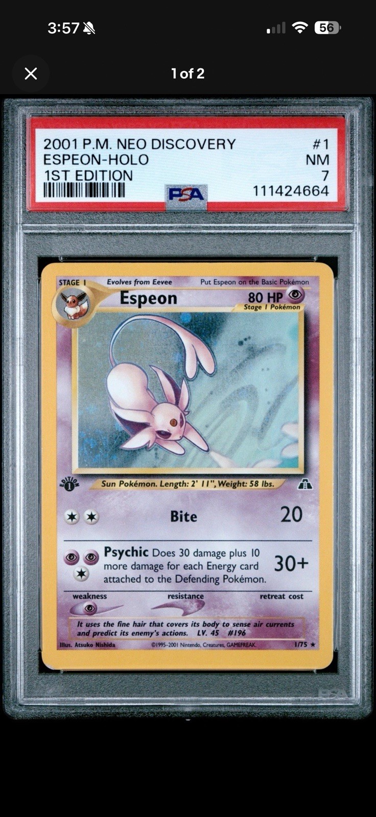 2001 POKEMON NEO DISCOVERY 1ST ED #1 ESPEON-HOLO PSA 7