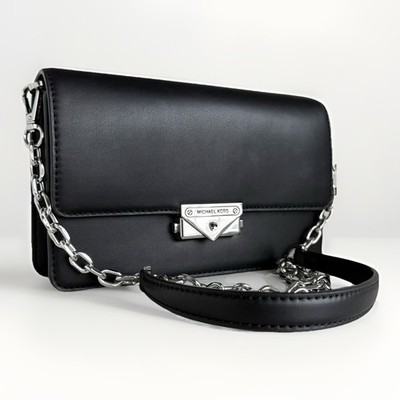 Michael Kors Cece Medium Shoulder Bag Black Leather Silver Chain Women s