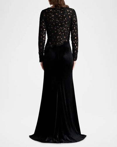 Vestido Tadashi Shoji Negro Lentejuelas Encaje Corpiño Manga Larga Terciopelo Talla 2 $478 - Imagen 3 de 4