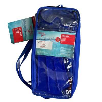 Speedo Unisex Child Aqua Quest Swim Mask Snorkel & Fins Blue Shoe Size 12-2 NEW