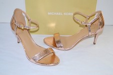 New 120 Michael Kors Simone Mid Sandal Soft Pink Metallic Embossed Leather Heel
