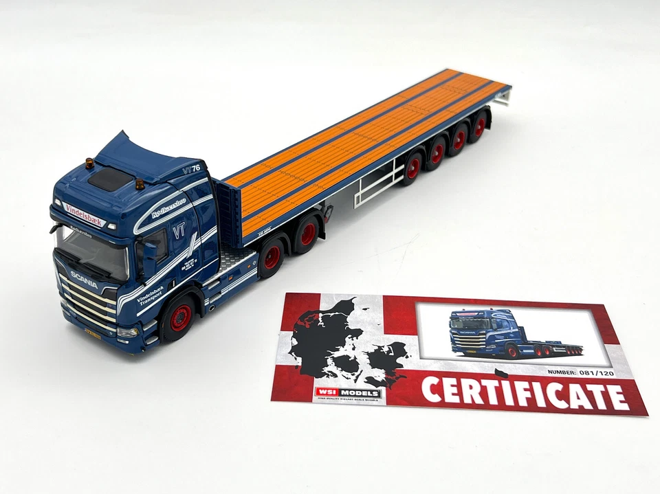 Remolque de plataforma Scania R Highline 4 ejes "Vindelsbaek" WSI camiones modelos 1:50 Foto 3 de 4