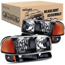 Nilight 1999-2006 GMC Sierra Yukon Headlight Assembly Black Case Amber Reflector