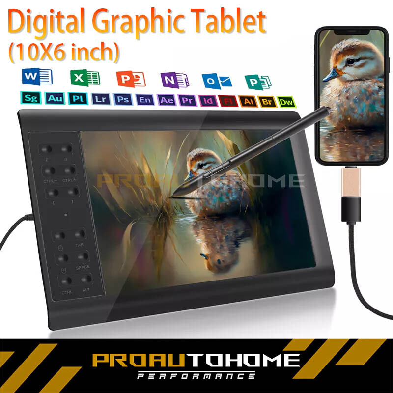 10x6 inch Digital Drawing Tablet HD Screen Graphics tablet with Battery-free Pen