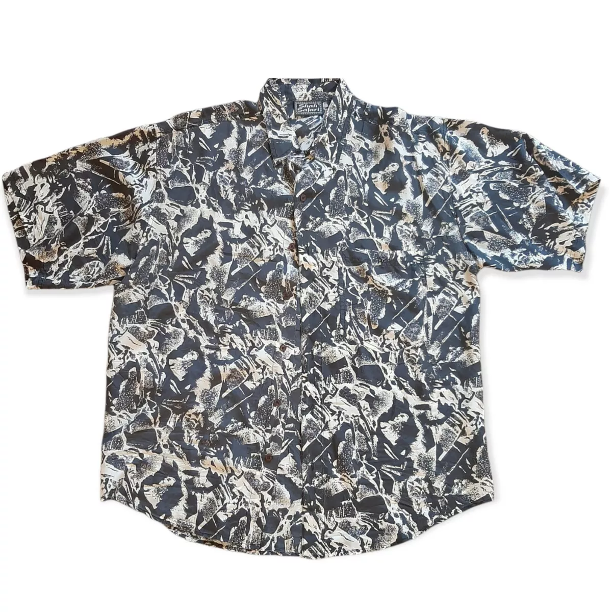 Shah Safari Mens Large 100% Silk Abstract Art Lightweight Short Sleeve Shirt