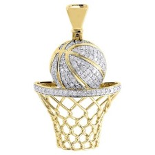 Diamond Basketball Pendant Mens 10K Yellow Gold Round Pave Hoop Charm 3/4 Tcw.
