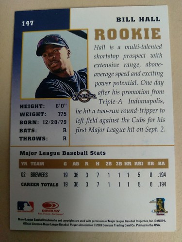 2003 Bill Hall Milwaukee Brewers Autographed Donruss Rookie Card  - Picture 3 of 4