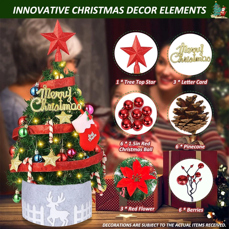 24in Tabletop Christmas Tree Small Mini Artificial With LED Light & Ornaments - Image 4 of 4