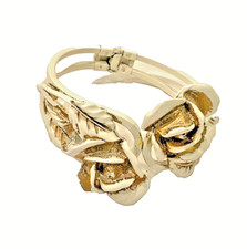 Vintage White Gold Enameled hinged Cuff Bracelet with Roses