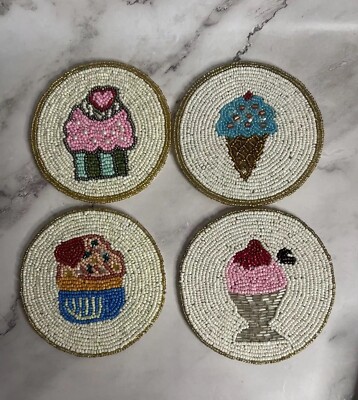 Folkulture Beaded Sugar Rush Coasters set of 4 - 4  Cupcake, Ice Cream, heart