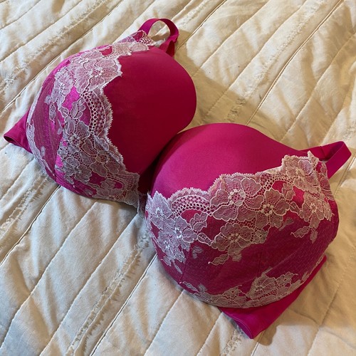 Cacique Bra 44F Hot Pink Smooth Balconette Lace Overlay Underwire Lightly Lined - Picture 2 of 15