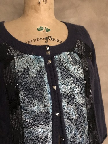 Free People Women FUZZY Wool Cardigan Sweater NAVY Sequin CROP 3/4 Sleeve Boho M - Picture 3 of 8