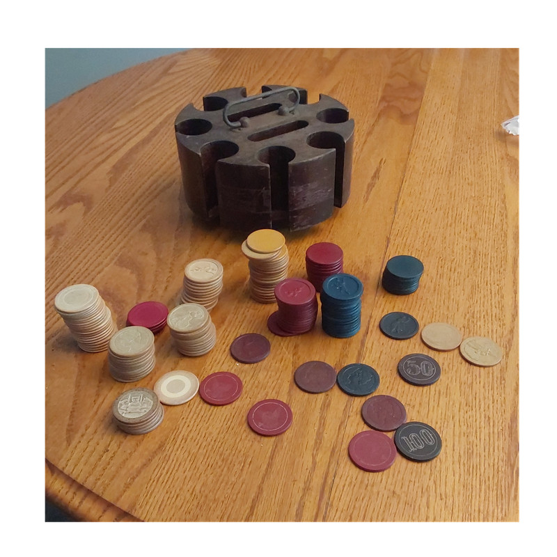 Vintage Non-Casino Poker Chip Set with Wooden Holder,  see pictures for chips
