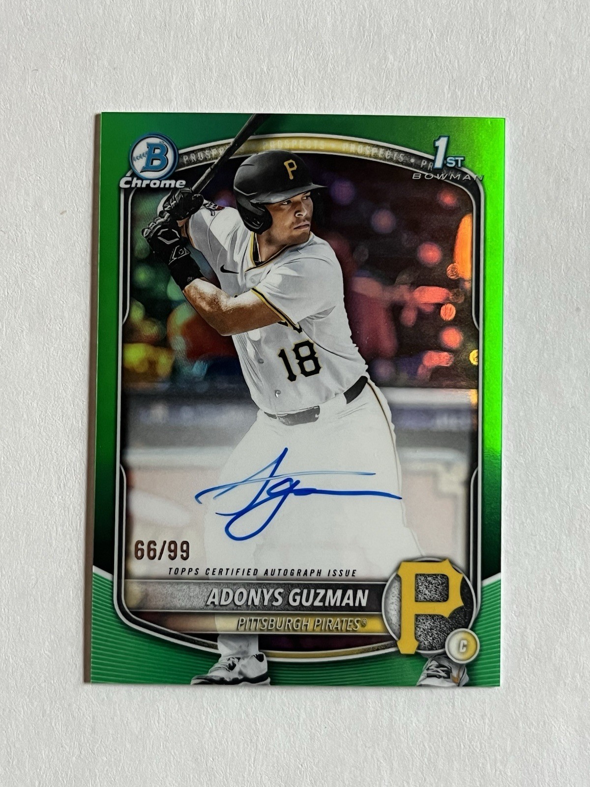 Adonys Guzman /99 TRUE GREEN AUTO 2025 1st Bowman Draft Chrome #CPA-AG Pirates