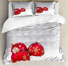 Christmas Duvet Cover Set, Xmas Baubles on Snow with Snowflakes Ice Holiday H...