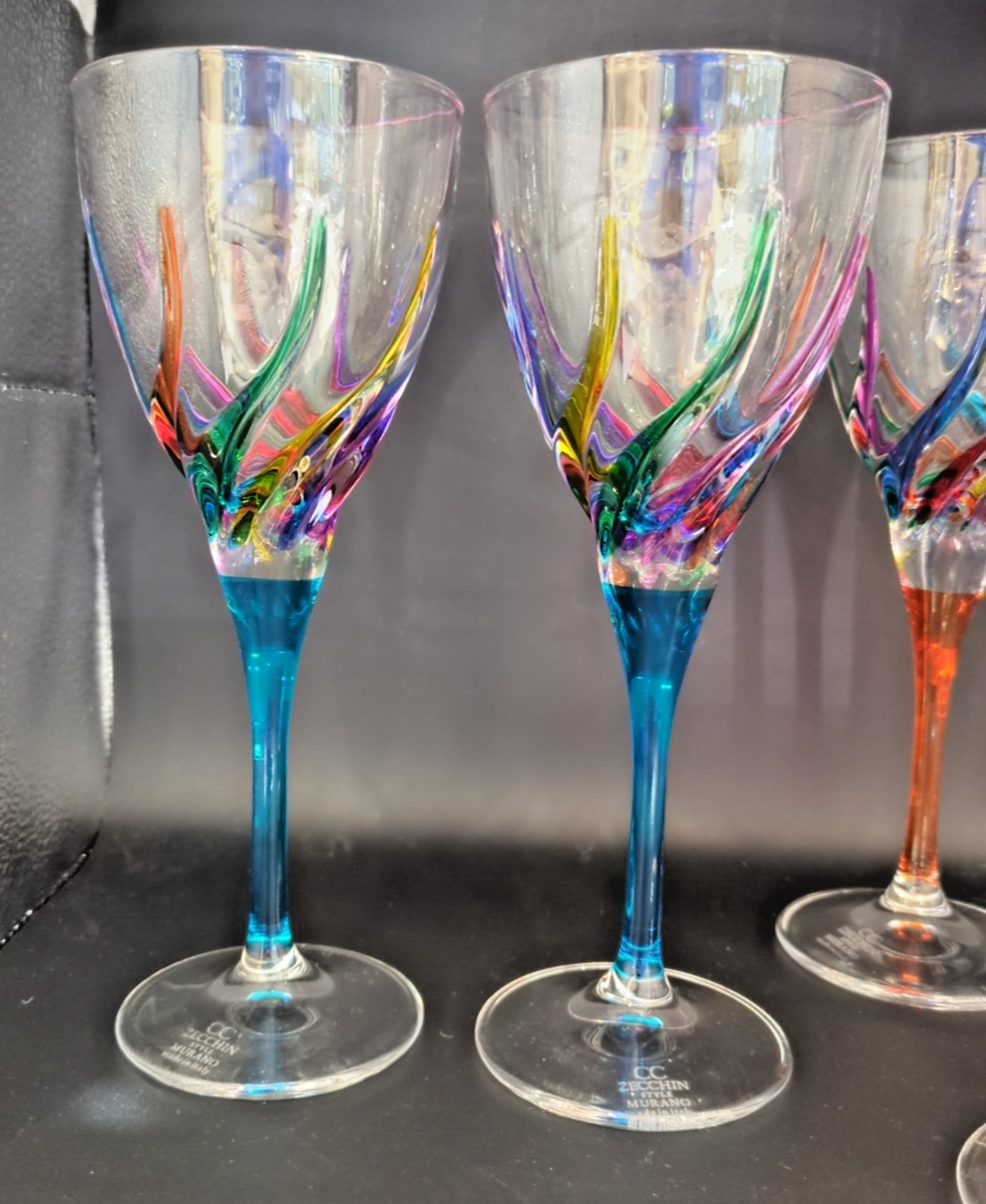 CC ZECCHIN MURANO Wine Glass, Rainbow Swirl Pattern 8-1/8” Tall