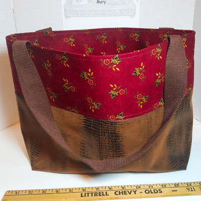 Handmade Women s Burgundy & Brown Floral Tote, Shoulder Strap, 6 Pockets