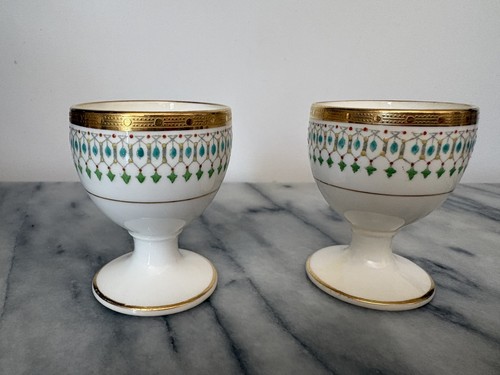 Antique Minton Porcelain Egg Cups Set of 2 Hand-Painted Green & Gold Rim 20th C