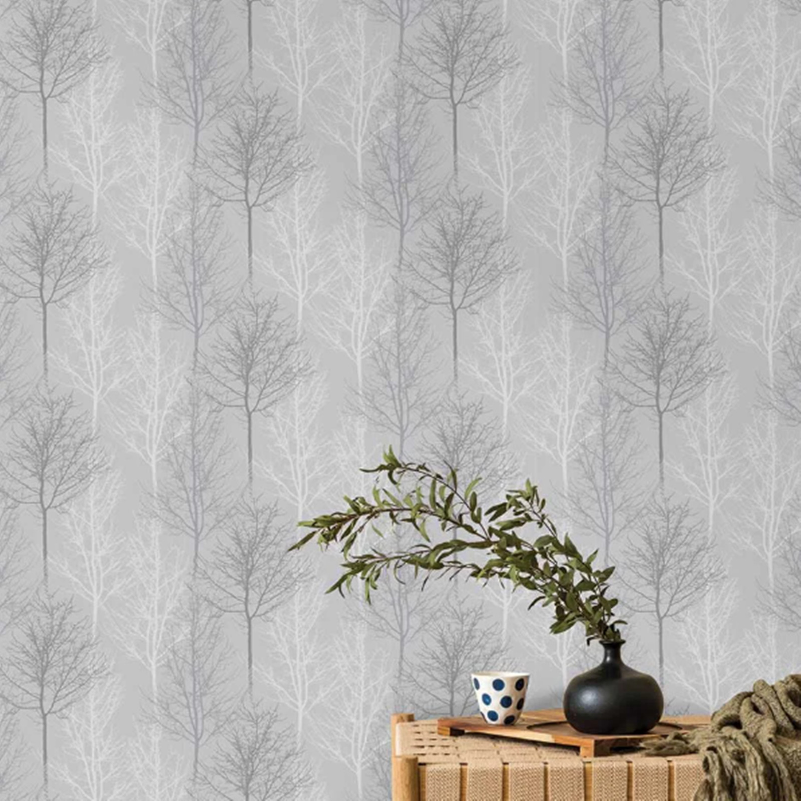 Grey Floral Tree Wallpaper Silver Metallic Shimmer Slightly Textured Feature